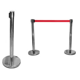 Silver hotel bollard with pull-out 3m red tape